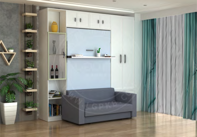 Vertical Wall Bed with Bookshelf & Integrated Sofa - KVJM Easy Space PH